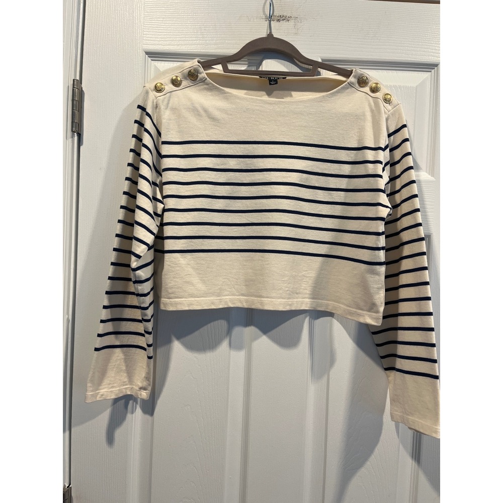 J.Crew Womens Small Striped Boatneck Crop Top Gold Shoulder Buttons Navy Cream
